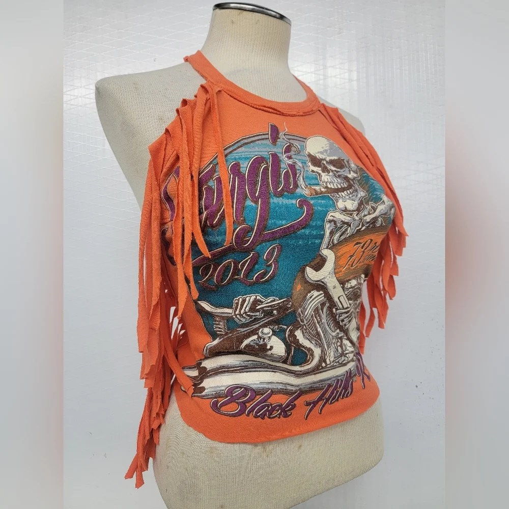 Harley Davidson Sturgis Rally Fringe Halter Top Upcycled - Picture 2 of 7